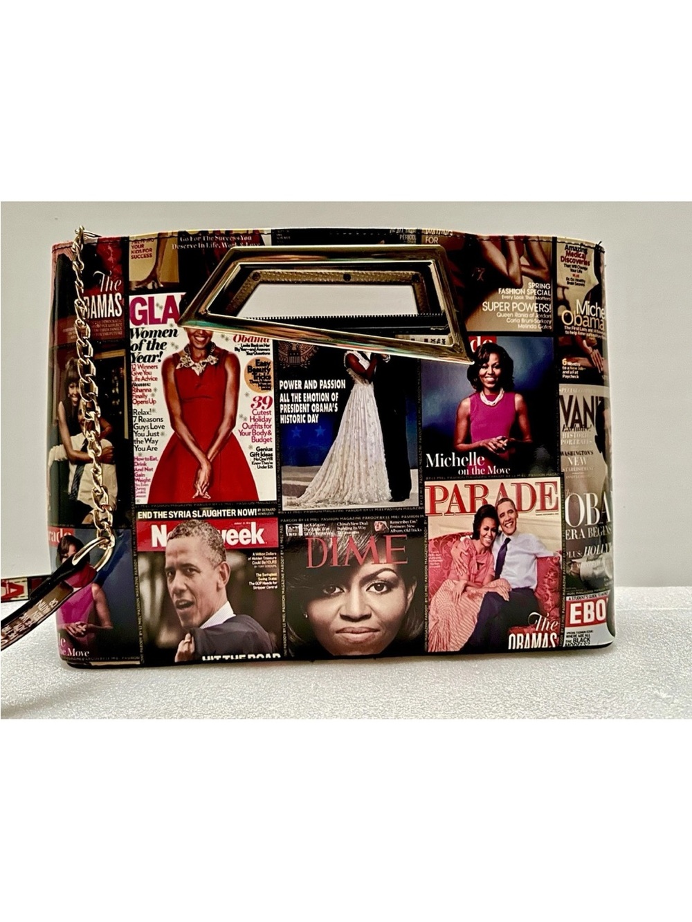 NEW OBAMA Crossbody Y2K Shoulder Bag Hologram Collage Glossy Magazine Covers - Picture 2 of 9